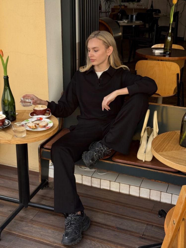 Women's Solid Color Button-Detail Hoodie Set - Lapel Sweatshirt & Jogger Pants Two-Piece Outfit For Streetwear Fashion (S/M/L/XL)_voghion.com