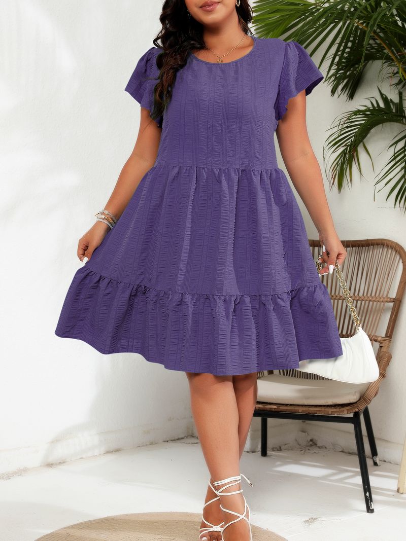 Women's Clothing Large Size Round Neck Lotus Leaf Sleeve Waist Holiday Leisure Temperament Dress_voghion.com