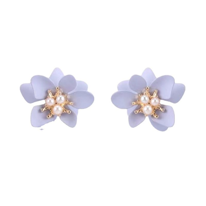 Orecchini a clip con fiore viola in argento con perle per donna, design unico di nicchia, estate 2023, nuovi orecchini a clip_voghion.com