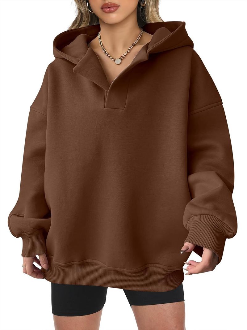 Women's Clothing Sweatshirt Solid Color Long Sleeve Hooded Solid Color Loose Sweater Women's Top_voghion.com
