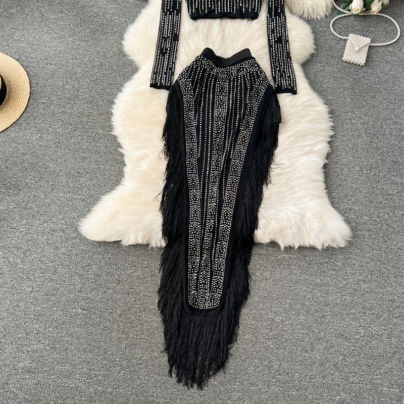 Costum de damă cu temperament de vedetă, la modă, cu mânecă lungă, de nișă, sexy, cu diamant, slim fit, cu fustă versatilă și ciucuri, costum din două piese_voghion.com