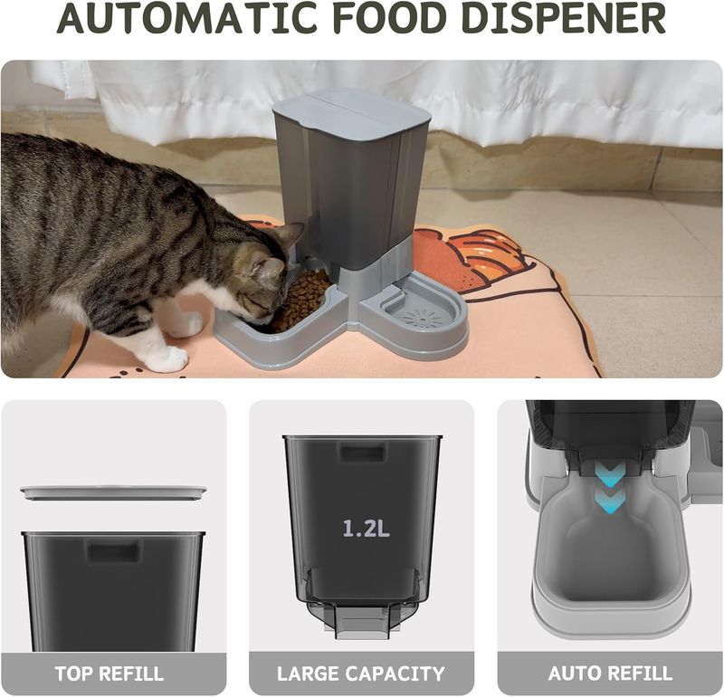Katzenfutterspender, 2-en-1 Abnehmbarer Schwerkraft-Futter- Und Wasserspender Für Katzen Und Kleine Hunde (Grau)_voghion.com
