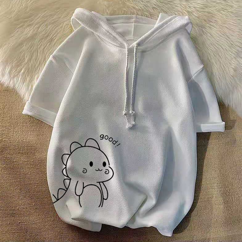Maglietta corta con cappuccio e stampa di dinosauro per uomo, estiva, alla moda, a mezza manica, ampia, versatile ed elegante. 12_voghion.com