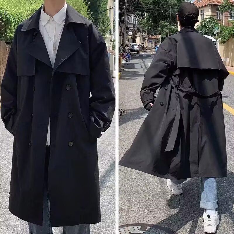 Trench lungo da uomo, casual, vestibilità ampia, unisex, con cintura, soprabito doppiopetto, in nero e cachi_voghion.com