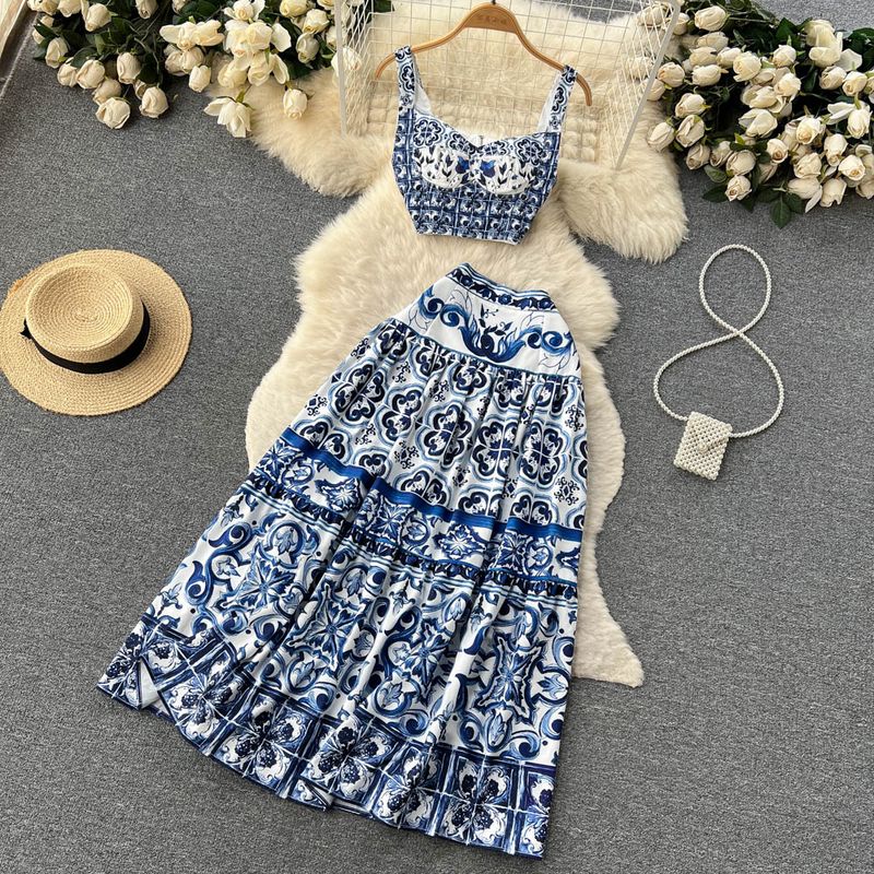 Women's Clothing blue and white porcelain print suit three-dimensional with breast pads_voghion.com