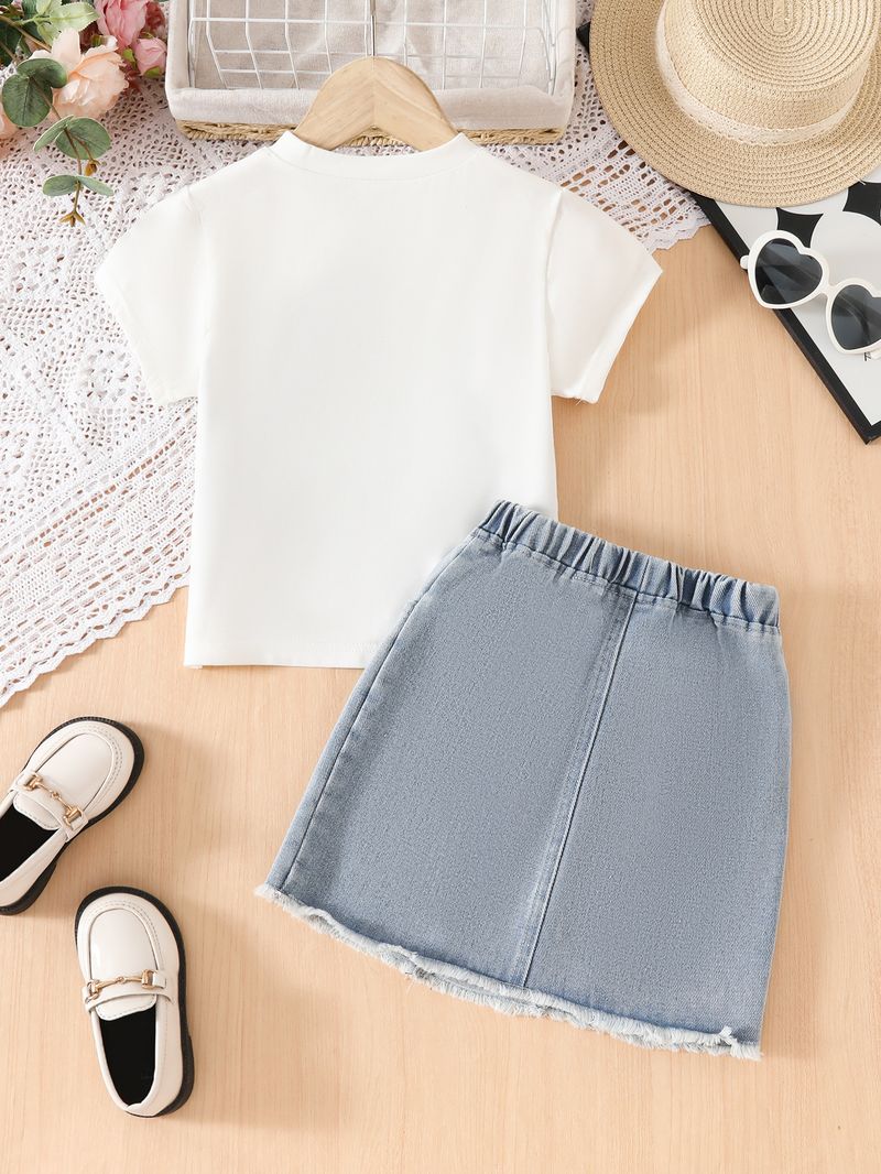 Maglietta con stampa personalizzata per mamma e bambino, top a maniche corte e gonna in denim per bambine_voghion.com