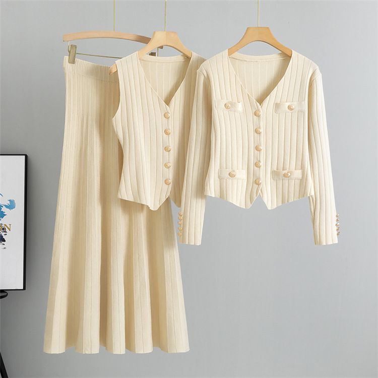 Ženska oblačila, oprijet kroj, krilo, pulover, tridelni komplet za ženske, pomlad in jesen, nov telovnik, pleteni kardigan, komplet_voghion.com
