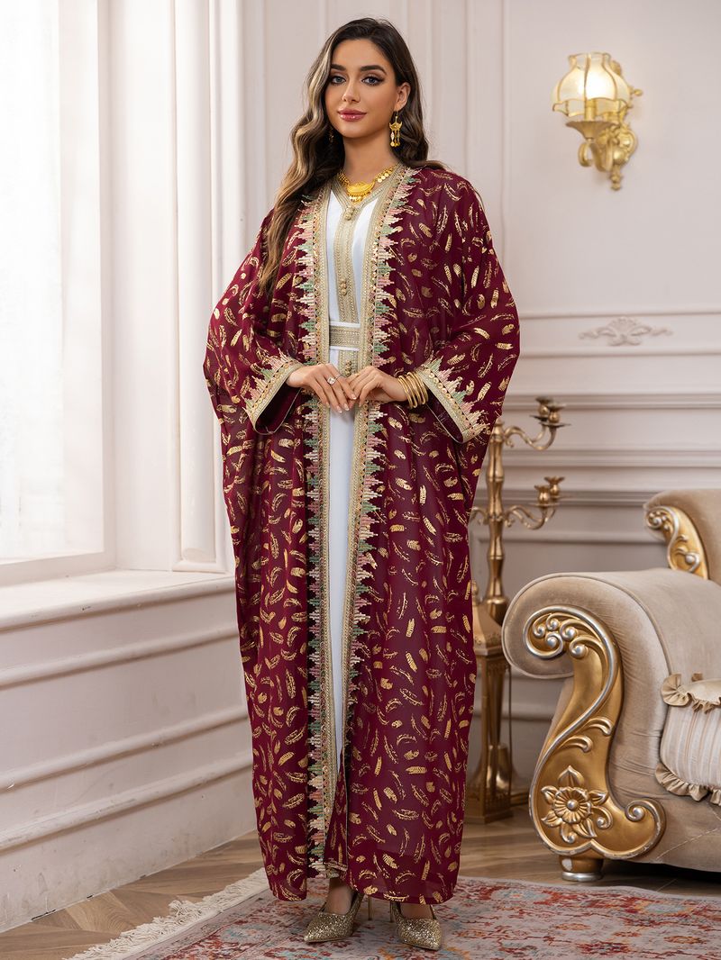 Elegant Embroidered Abaya Set With Belt - Premium Chiffon Long Dress & Open Front Cover - Plus Size Dubai Islamic Women's Clothing Available_voghion.com