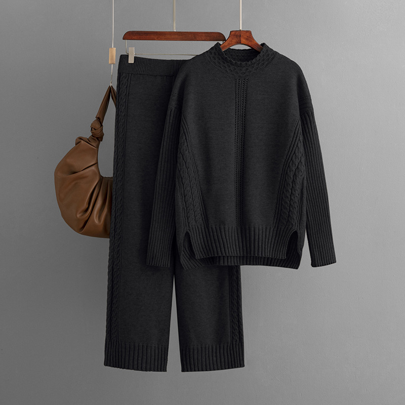 Women's fashion casual knit suit pants loose sweater wide leg trousers long pants two-piece set_voghion.com