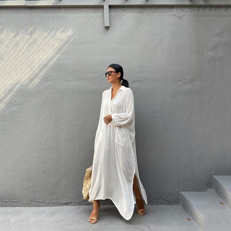 Vestido leve de algodão para praia, piscina e passeios de verão – caimento solto com bolsos, capa de biquíni, proteção solar – tamanho único_voghion.com