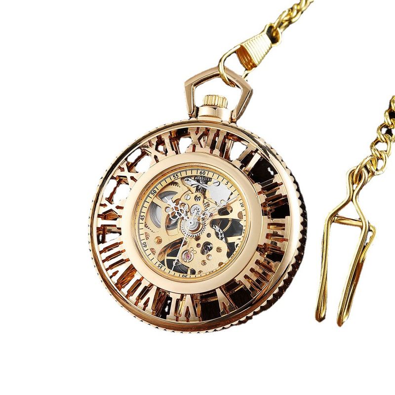 Halbautomatische römische Hohlgold-Mechanik mit weißer Nadel, mechanische dicke Kette, große Taschenuhr_voghion.com