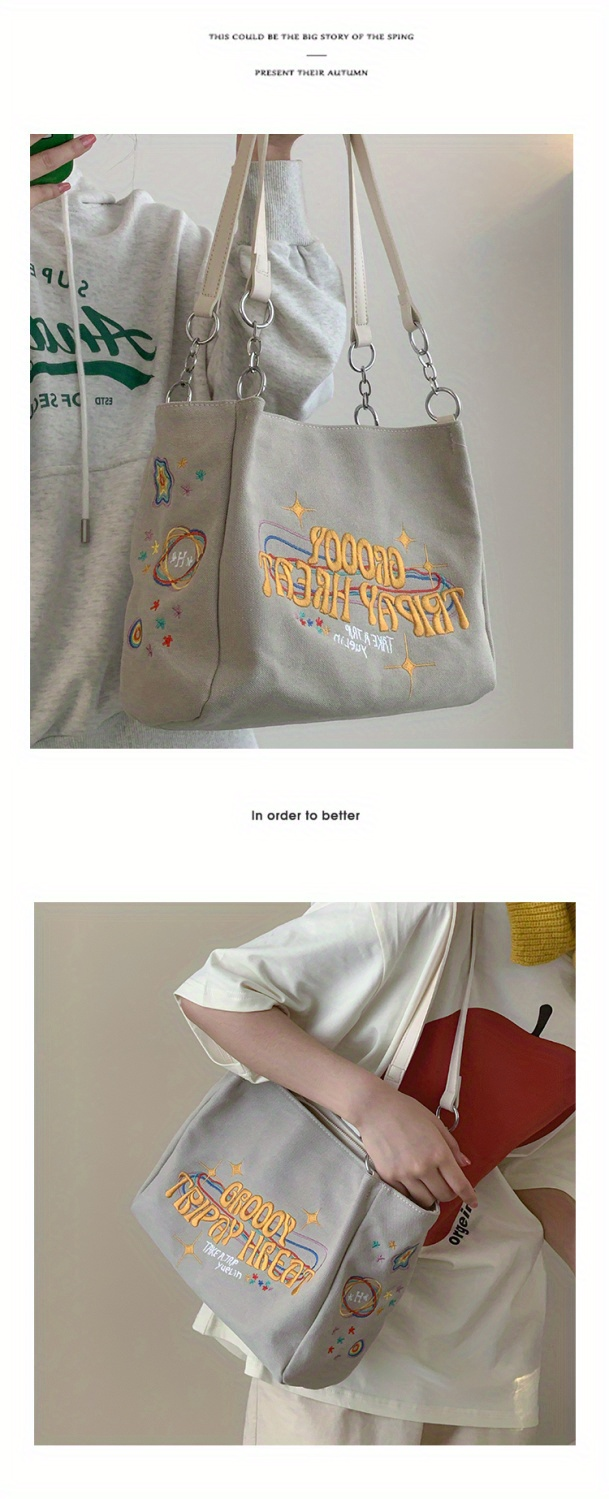 Borsa tote con grafica semplice ricamata, borsa a tracolla in tela con decorazioni in metallo di grande capacità, borsa per pendolari per tutti gli abbinamenti_voghion.com