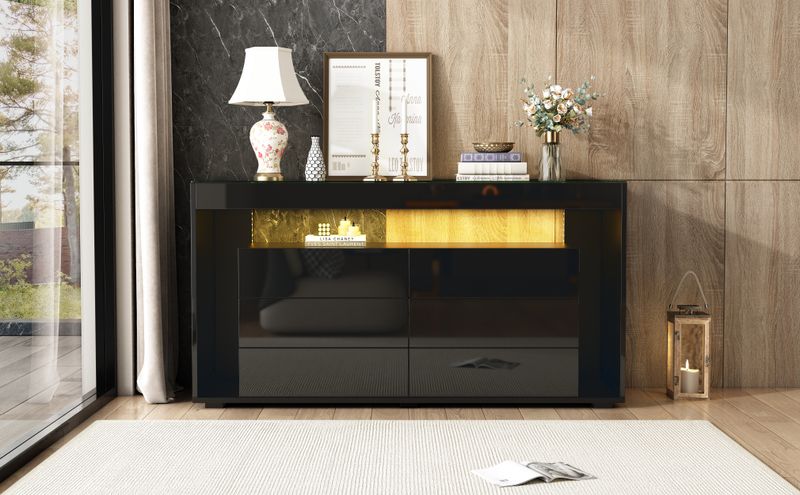Buffet 6 tiroirs avec éclairage LED, plateau en verre trempé, design double couche, grand meuble de rangement pour salon, couloir, chambre, bureau, noir_voghion.com