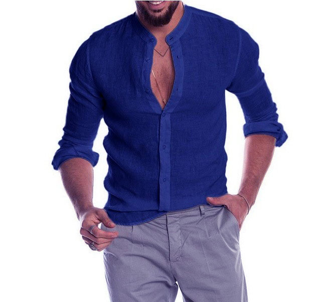 Herren Hot Style Herbst und Winter V-Ausschnitt Leinen Neue Strickjacke Stehkragen Langarm Herrenhemd_voghion.com
