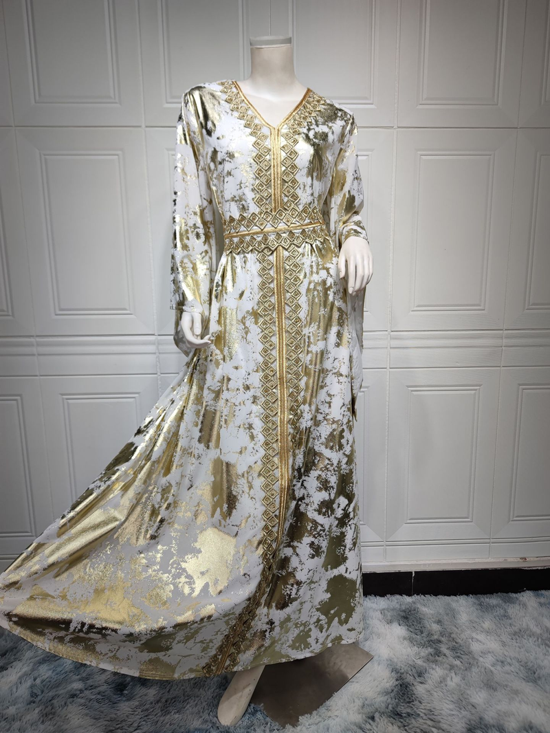 Damekjole forgyldt muslimsk chiffonkåbe med bæltekjole_voghion.com