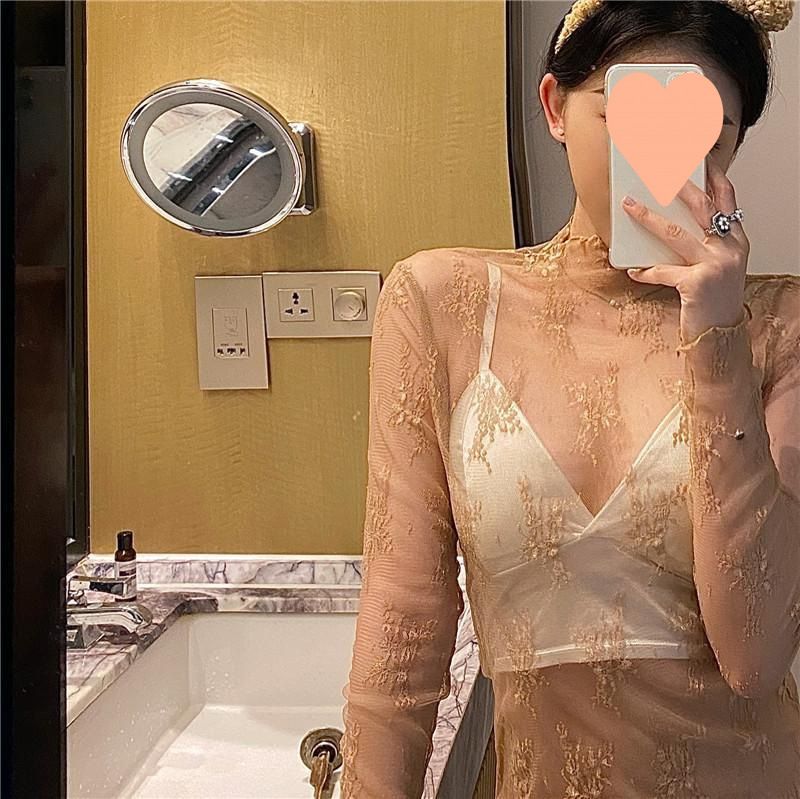Damenbekleidung Weißes Halbhochkragen-Spitzenhemd für Damen im Frühjahr und Herbst 2025 im neuen Stil für die Innenbekleidung aus Tüll mit dünnem Netzstoff_voghion.com