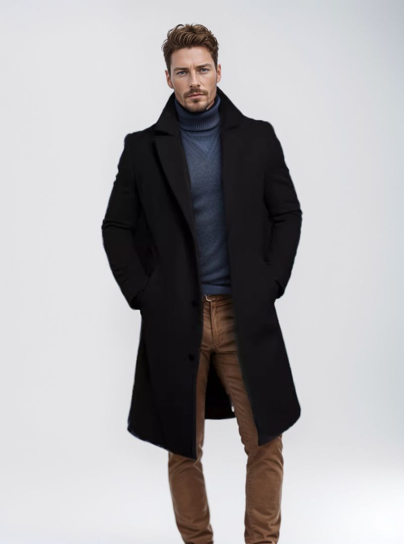 Men's Classic Wool Blend Trench Coat - Slim Fit Long Overcoat With Notch Lapel, Side Pockets (Charcoal Grey/Khaki/Black/Navy)_voghion.com