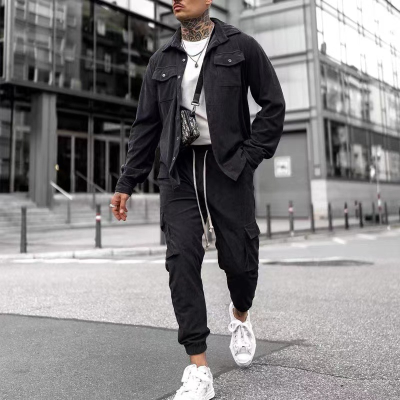 Sportanzug, modische Arbeitskleidung, Freizeithose, trendige einfarbige Jacke, Slim-Fit-Herrenbekleidung, komplettes Set_voghion.com