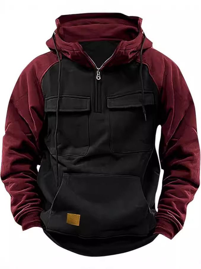 Herrenbekleidung Halbreißverschluss Multi-Taschen-Arbeitskleidung Herren Halbreißverschluss Multi-Taschen-Arbeitskleidungsjacke Retro-Farbblock-Stehkragen-Kapuzenpullover Herbst-Freizeitmantel_voghion.com