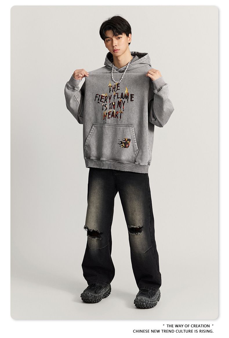 Herrenbekleidung Kapuzenpullover mit verwaschenem Batik-Print, Retro-Street-Chic, Baggy-Top_voghion.com