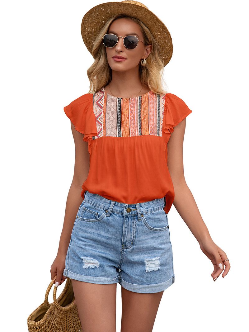 Dames top met ronde hals, losse ruches en korte mouwen_voghion.com