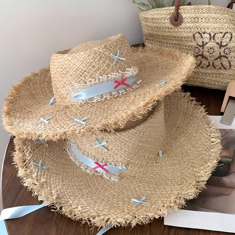 Cappello di paglia a tesa piatta, cappello da spiaggia a tesa larga da donna, cappello con protezione solare_voghion.com