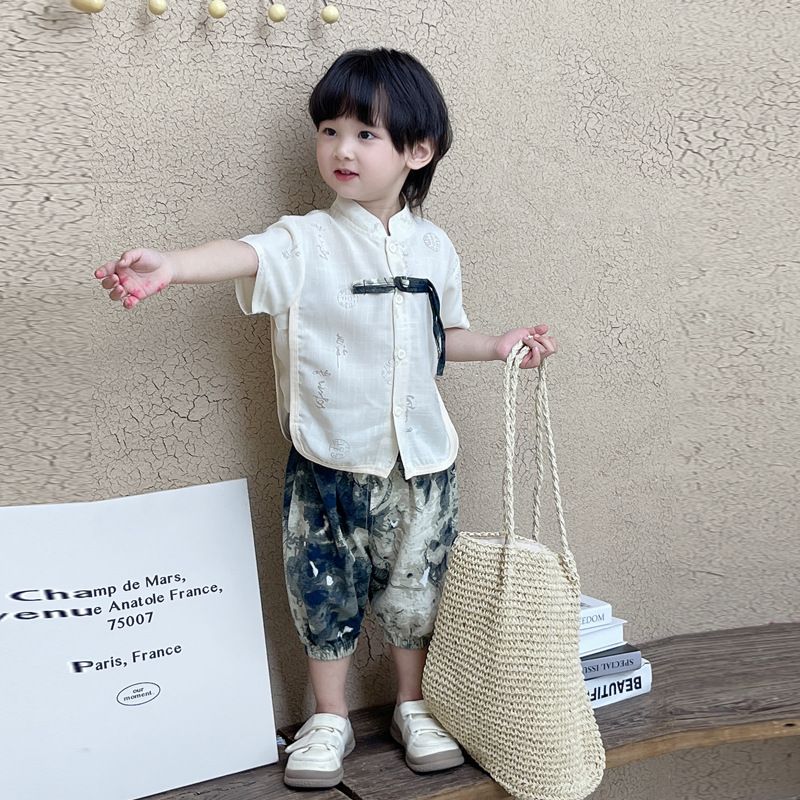 Pojkars kortärmade set 2024 Kinesisk stil för små pojkar, snygg och avslappnad barntrend_voghion.com