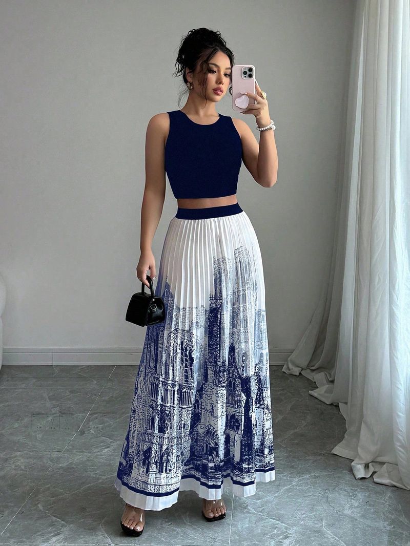 Ärmelloses Sommerkleid-Set mit Aquarelldruck – fließender High-Low-Rock und einfarbiges Tanktop, vielseitiges zweiteiliges Outfit für Damen_voghion.com