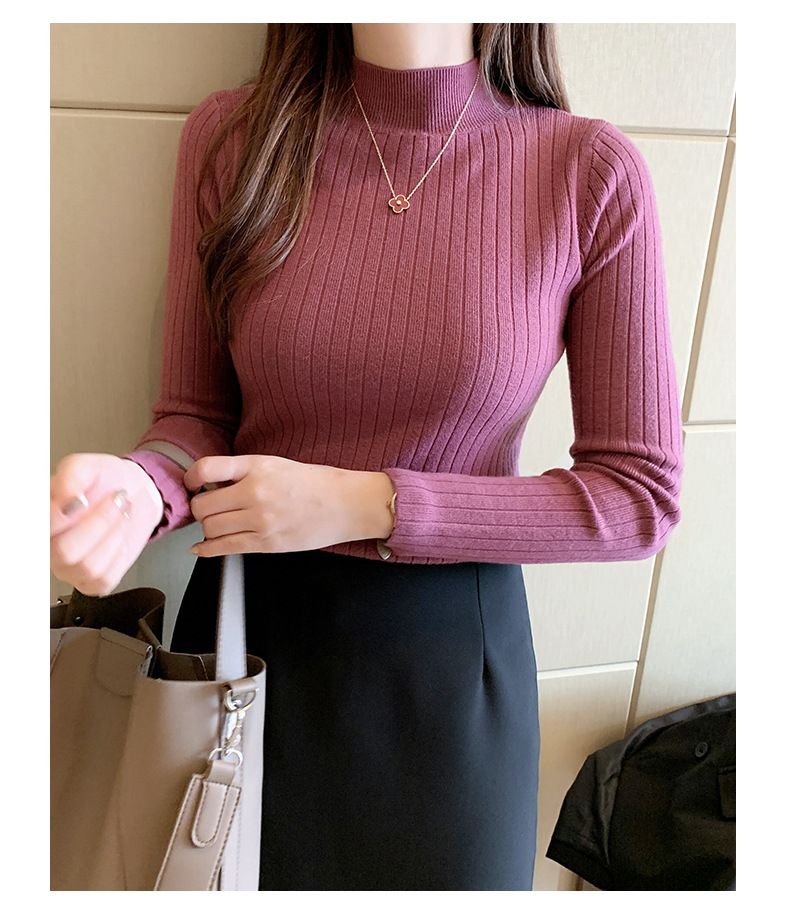 Autumn Winter New Women's Half-Polo Turtle Neck Knit Sweater Solid Color Base Layer Top Inner Outer Wear Stylish Medium Length_voghion.com