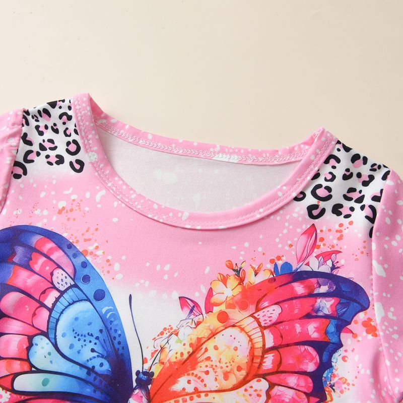Mother & Kids New European and American Summer Girls Short-Sleeved T-Shirt Butterfly Print Imitation Denim Flare Pants Suit Two Pieces in Stock_voghion.com