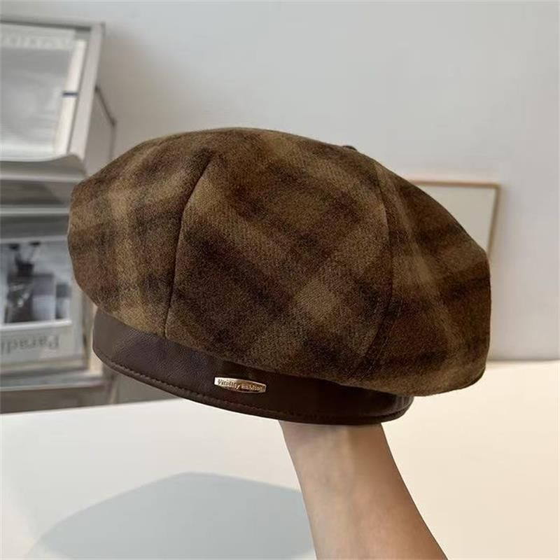Damen Baskenmütze Kariert Wolle Winter Stil Achteckig Mode Design_voghion.com