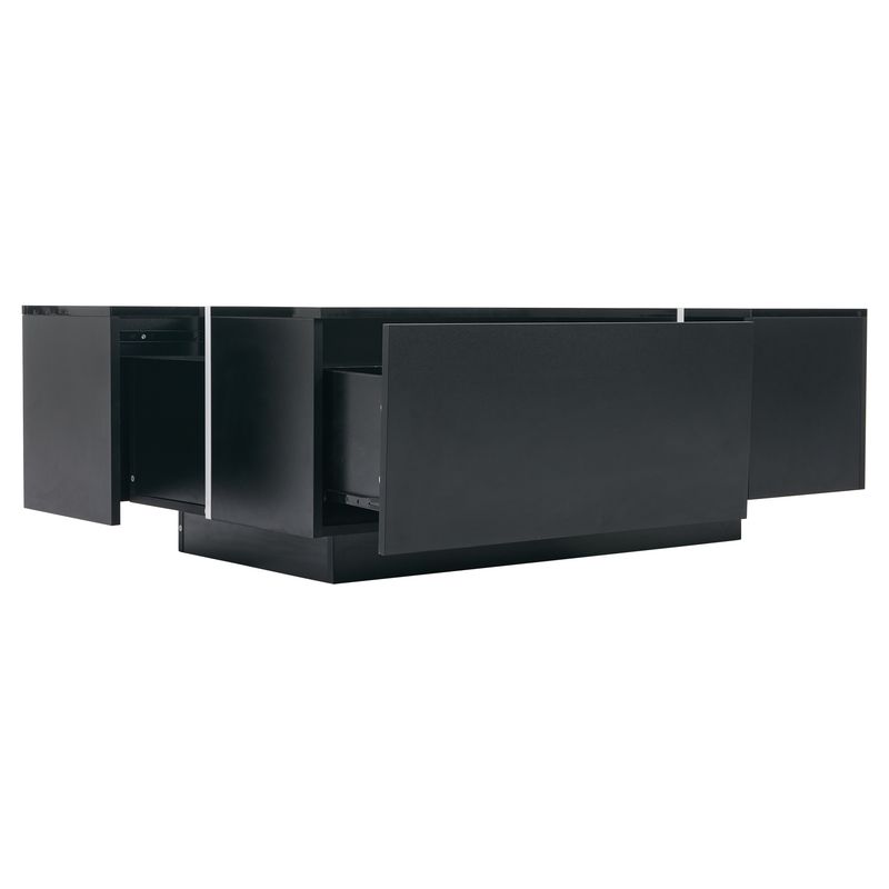Table basse carrée noire moderne 100 x 60 x 40 cm, finition patchwork brillante, 4 tiroirs et plateau coulissant, supporte jusqu'à 30 kg._voghion.com