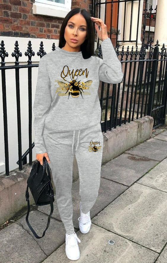 Terno esportivo casual feminino com estampa de manga comprida_voghion.com