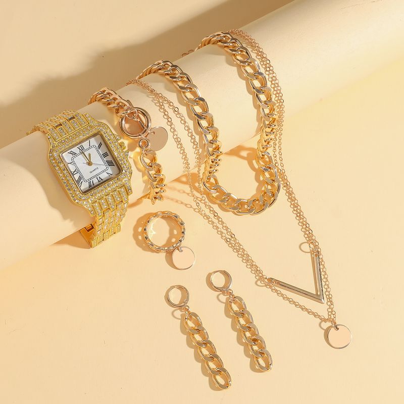 Women's High End Steel Band Fashionable Niche Diamond Studded Temperament Versatile Quartz Watch Gold Disc Bracelet Watch Set_voghion.com