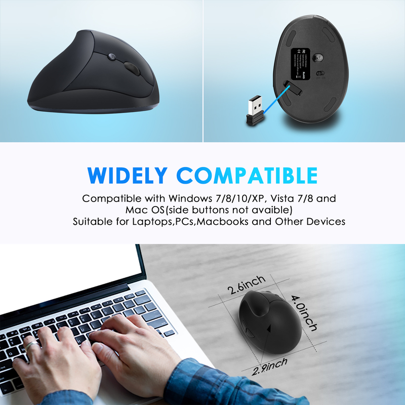 Mouse vertical ergonômico – sem fio 2.4G, 1600 DPI, programável com 6 teclas, recarregável/bateria, clique silencioso (preto/prata/rosa)_voghion.com