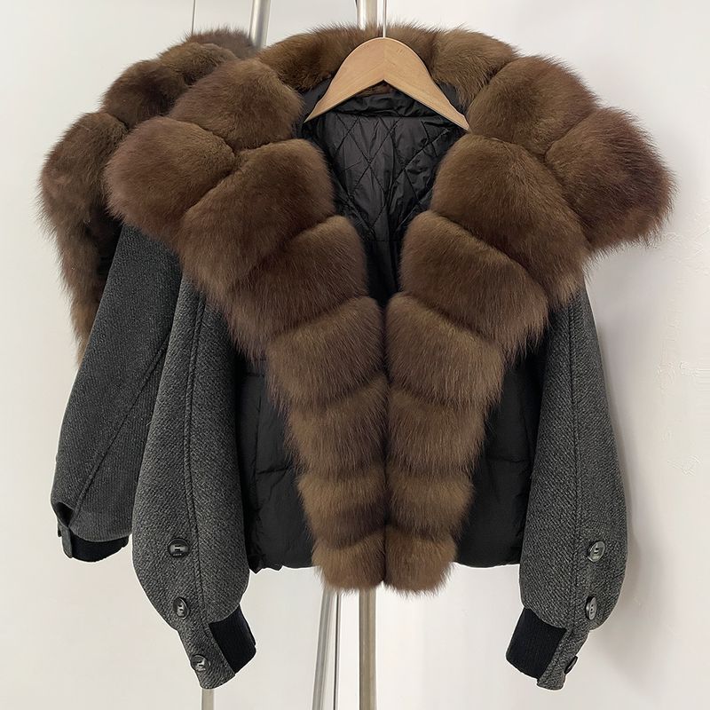 Unique Short Puffer Jacket With Fox Fur Trim, 96% White Duck Down, Grey & Black Winter Coat For Women_voghion.com