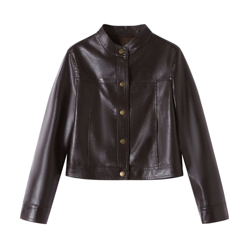Veste Haining pour femme, style coréen, version courte, petite taille, col montant, veste de moto en cuir, printemps 2025_voghion.com