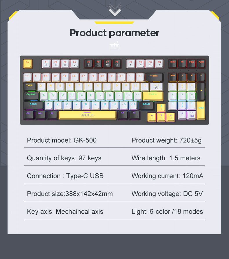 IMICE Game Special 98 Keys With Wired Metal Mechanical Keyboard GK-500 Color Matching Keycap Full Key Without Punch_voghion.com