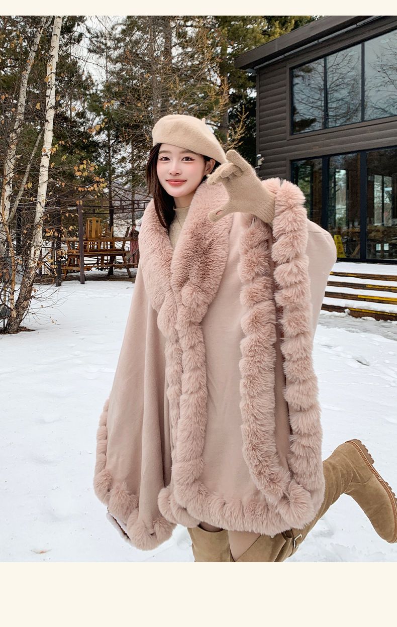 Cardigan oversize in maglia da donna con collo in pelliccia sintetica di coniglio – Caldo cappotto invernale a mantella, vestibilità ampia, stile street (beige/bianco/rosa/nero/grigio/caffè)_voghion.com