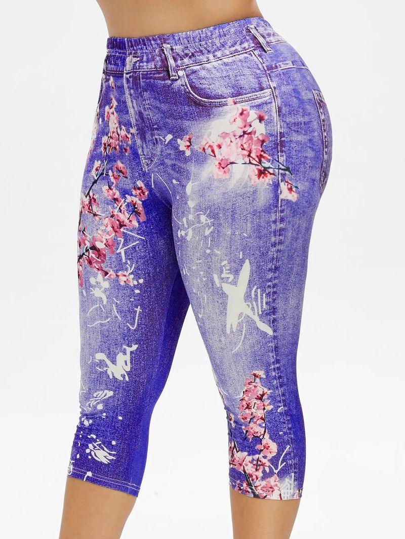 High waisted printed bottom imitation denim slim fitting cropped pants for fashionable women's summer stretch pants_voghion.com