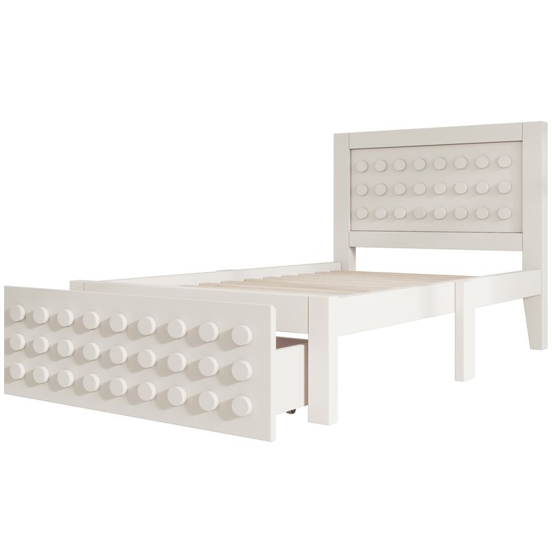 Holzbett 90x190cm Mit Blockdesign, Massivholz, Schubladen, Stauraum, Blanc_voghion.com
