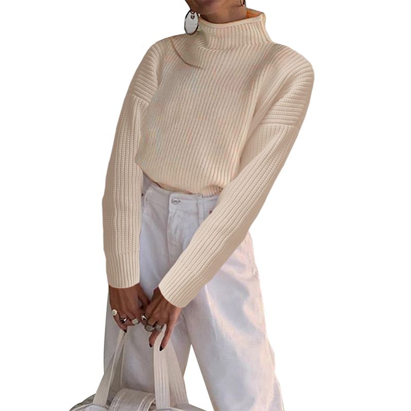 Women's knitwear temperament turtleneck solid color loose casual base sweater_voghion.com
