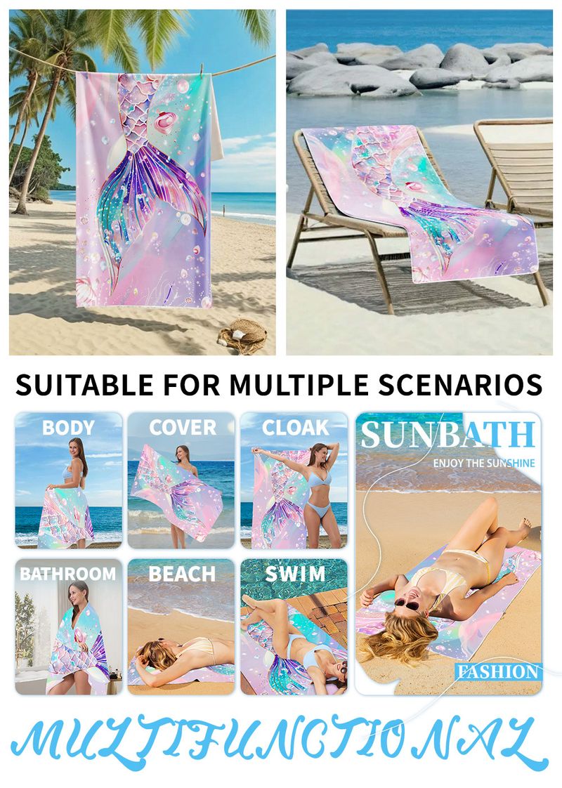 Serviette de plage queue de sirène - Serviette en microfibre imprimée personnalisée, à séchage rapide et ultra-absorbante pour les vacances et la baignade_voghion.com
