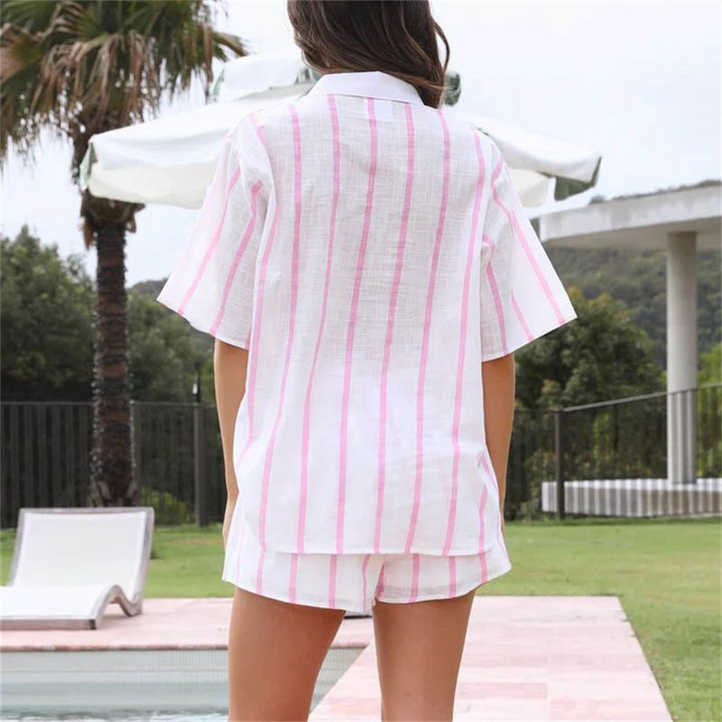 Vêtements pour femmes printemps et été nouvelle plage chemise à manches courtes dames loisirs deux pièces mode rayé short costume_voghion.com