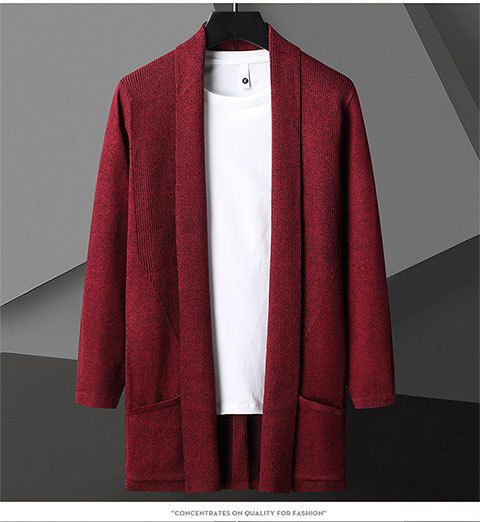 Men's Slim-Fit Longline Knit Cardigan, Mid-Length Coatigan With Turn-Down Collar, Nylon-Blend Fabric, Ribbed Hem, Solid Colors (Dark Grey//Black)_voghion.com