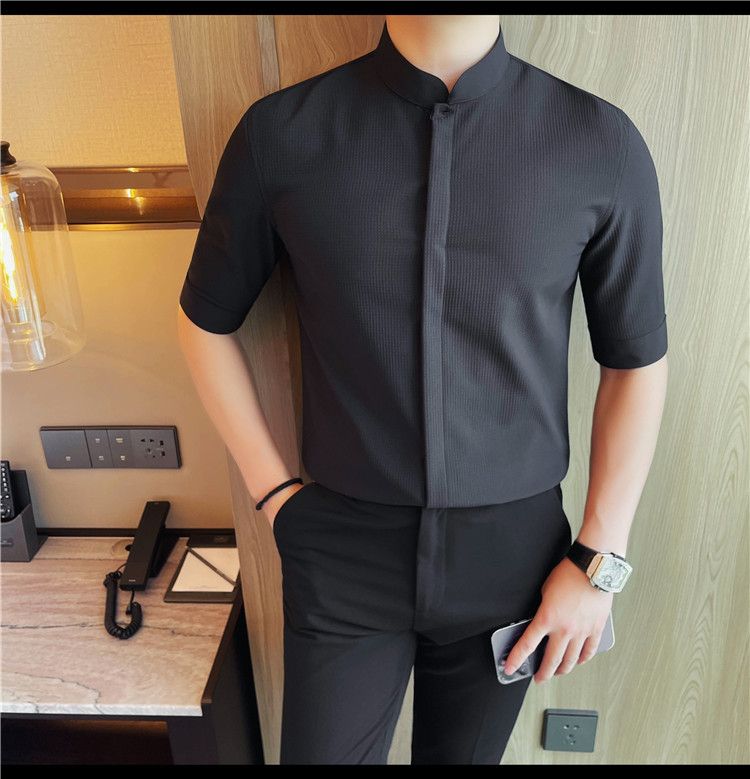 Douyin fornisce camicie da uomo a maniche lunghe, slim fit, con colletto alto, a maniche lunghe, con bottoni nascosti, nuove camicie estive._voghion.com