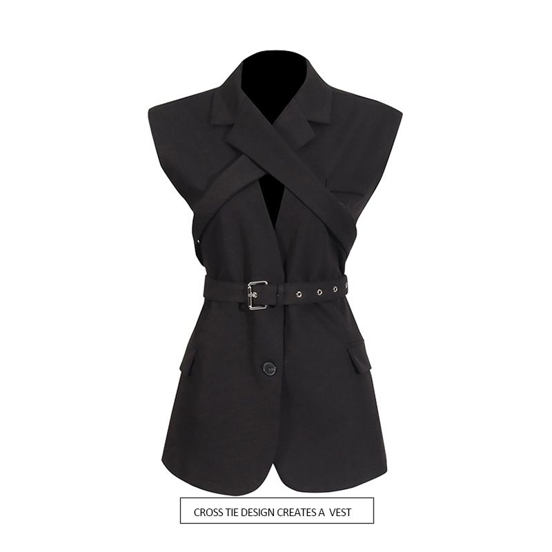 2025s Modetrend Stil Weste Top 2025 Neue personalisierte ärmellose Kreuz Krawatte einfarbig Anzug Jacke für Frauen_voghion.com