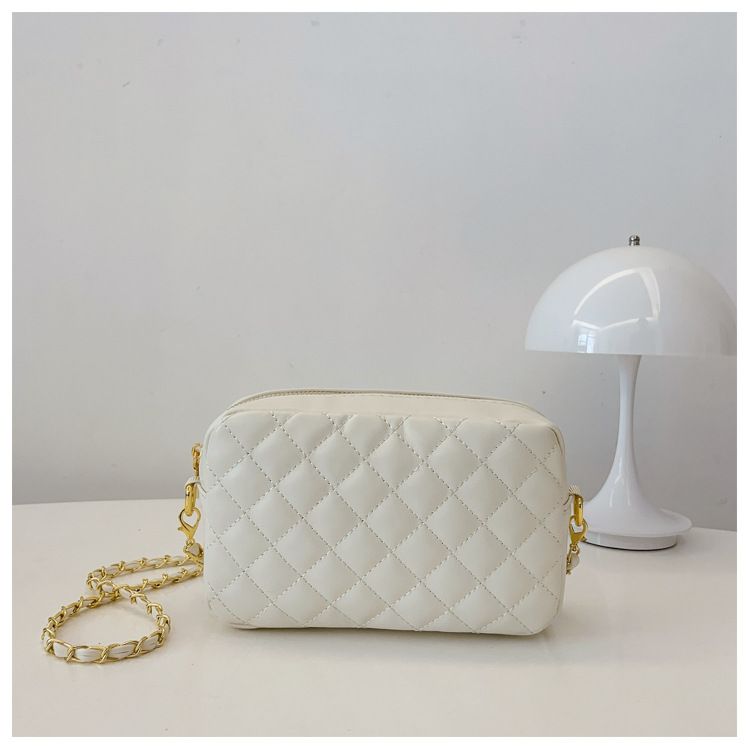 Elegante borsa a tracolla trapuntata con tracolla a catena - Mini borsa a tracolla da donna, borsa alla moda con manico superiore in nero e beige_voghion.com