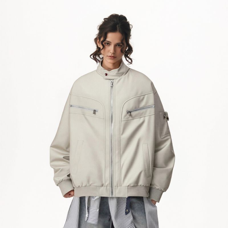 Giacca da motociclista alla moda in stile americano per uomo e donna, stile da lavoro Vibe, vestibilità ampia, cerniera, colletto rialzato, stile baseball_voghion.com