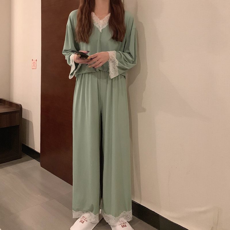 Pigiama casual e comodo in seta ghiacciata da donna, estivo e autunnale, nuovo set di due pezzi in pizzo con pantaloni a maniche lunghe_voghion.com